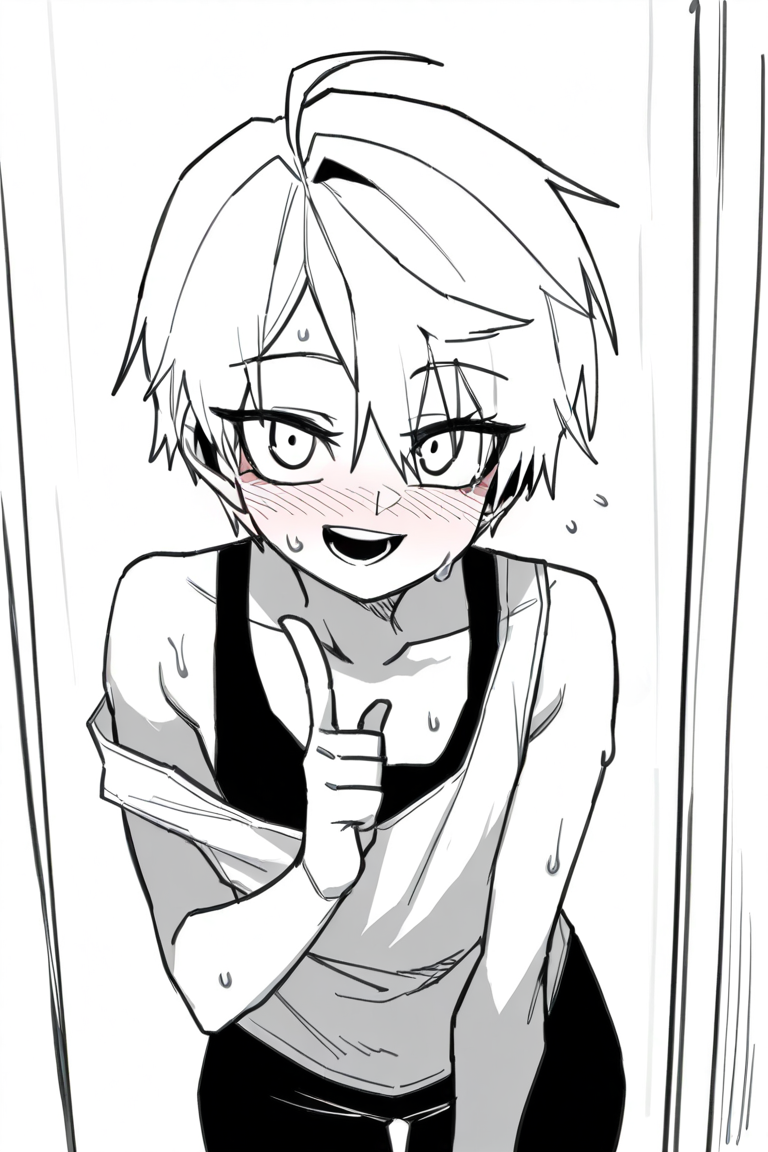 Score_9, score_8_up, score_7_up, masterpiece, best quality, newest, absurdres, highres,HongiLtak, sweat, solo, male focus, 1boy, looking at viewer, blush, ahoge, open mouth, leaning forward, short hair, smile, index finger raised, tank top, collarbone, monochrome