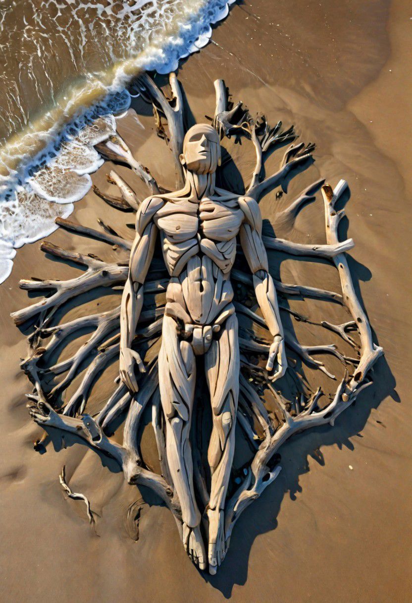 (drift wood washes up on the shore, all the tiny parts of drift wood form together to create a perfect  shape of a Mans body lying on the shore), abstract, 3d render, strong, insanely intricate details, (masterpiece), breathtaking natures art work