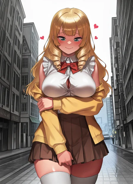 masterpiece, best quality, amazing quality, very aesthetic, absurdres, newest, scenery,extreme detail, 8k, light particles, soft lighting, volumetric lighting, intricate details, finely detailed, detailed eyes, 1girl,solo, seduce,seductive, heart, looking_down ,kawaii waifu, breasts grab, confused smile, aqua eyes, blonde hair, breasts, brown skirt, drill hair, medium breasts, long hair, pleated skirt, school uniform, skirt, thighhighs, white legwear, frills, rich,hime_cut , lady,Jabot,blunt_bangs,yellow jacket, button gap, white sleeveless,(cowered breasts),city,outdoors,crossing arm under breasts, blush,
<lora:Illustrious_Style_Kkasi00:1>