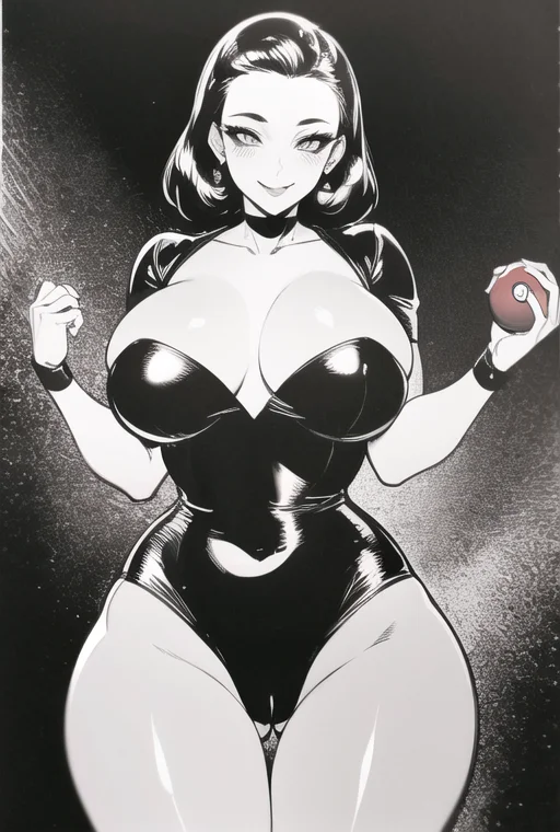 (8k, RAW photo, best quality, masterpiece:1.2), large breasts, thick thighs, puffy nipples, shiny skin, looking at viewer, makeup,cameltoe,wide hips,mind control,seductive smile,cowboy shot,shiny clothes,dress,glowing eyes, poke ball \(basic\), nightsofhorror, <lora:NightsofHorror:0.90>,greyscale