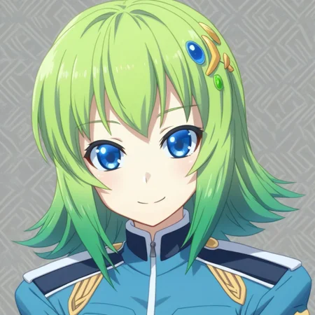 mana_sk style, portrait, focus on face, a cheerful wind ranger girl with shoulder-length lime-green hair and bright sky-blue eyes, wearing a feathered hair accessory and a light leather jacket adorned with swirling patterns, her smile radiant as faint breezes tousle her hair, Japanese RPG style, lively and free-spirited atmosphere, intricate details on her hair accessory and jacket