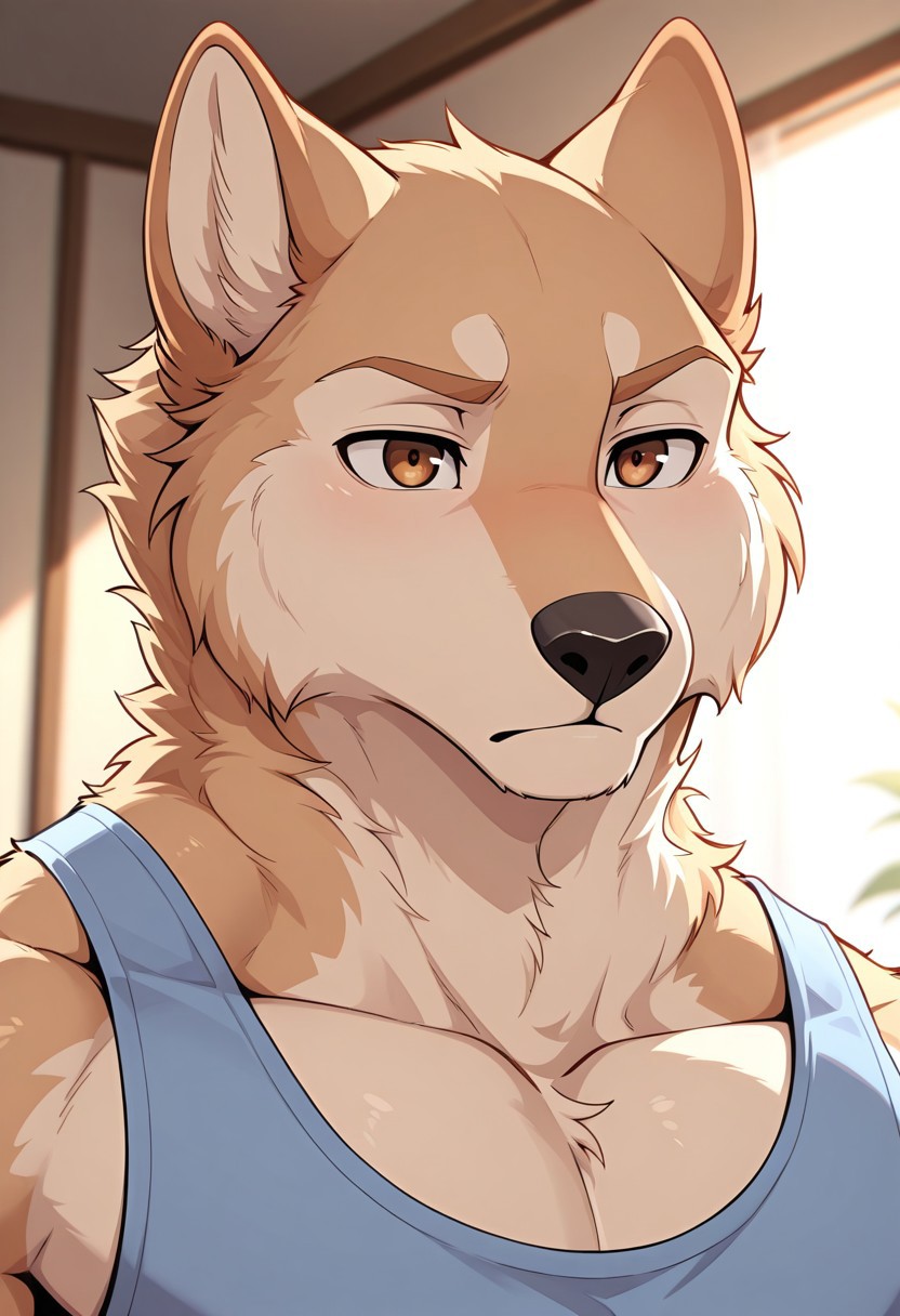<lora:YuuichiV5:0.8>, solo, yuuichi, male, toned male, brown eyes, blue tank top, face focus, portrait, upper body, dynamic angle, masterpiece, 4K, separate focus, best quality, amazing quality, very aesthetic, high resolution, chromatic aberration, dynamic lighting, extremely-detailed, depth of field, newest, scenery, detailed fur, detailed muscles, furry