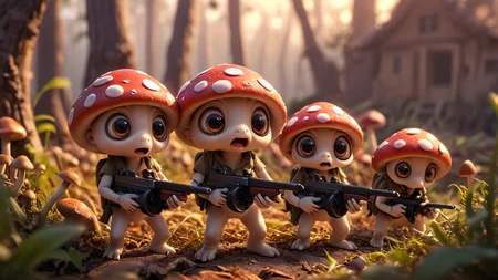 cartoon, cinematic movie scene, group of cute mushrooms with big eyes and small arms holding tmmygn submachine guns, sunrise, warm light,
<lora:Thompson_Submachine_Gun_-_1928_SDXL:0.8> <lora:Cute_3D_Cartoon:0.8>