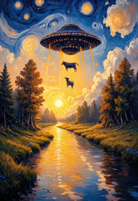 A vibrant, impressionist-style painting of a UFO hovering above a forested landscape at twilight, with swirling, star-filled skies in the style of Van Gogh’s Starry Night. The UFO emits beams of light, lifting a cow into the air. In the foreground, a serene river reflects the golden hues of the sunset. The painting captures the surreal and fantastical elements with bold, swirling brushstrokes.
