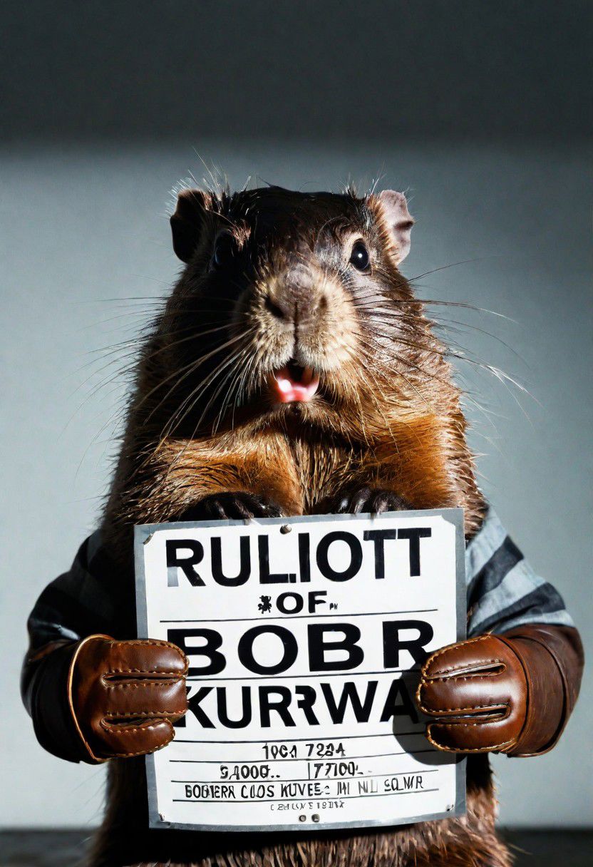 mugshot,close up, prisoner beaver holding mugshot sign with bold text "BOBR KURWA", leather gloves,cinematic light, perfect composition, reflections on surface, 4k leather texture, mugshot white background