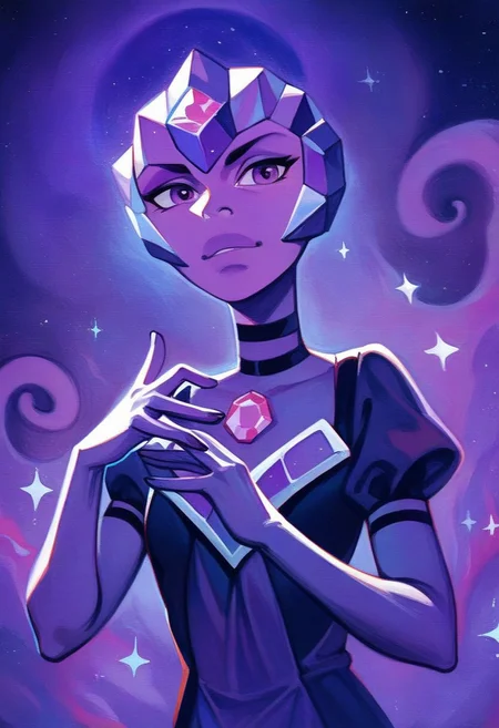 score_9, score_8_up, score_7_up, score_6_up, st3v3n, source_cartoon, solo, full body, a purple feminine human with a single purple gem embedded in their hand, wide nose, wearing a purple dress, purple body, purple skin, purple eyes, purple hand gem, gem embedded on hand, purple humanoid, purple theme, flat chest, shiny, dynamic reflection, dark background, digital artwork, highly detailed, ultra detailed, sharp focus, Expressive, traditional media, vibrant colors, digital art, masterpiece, 4k uhd, dramatic lighting