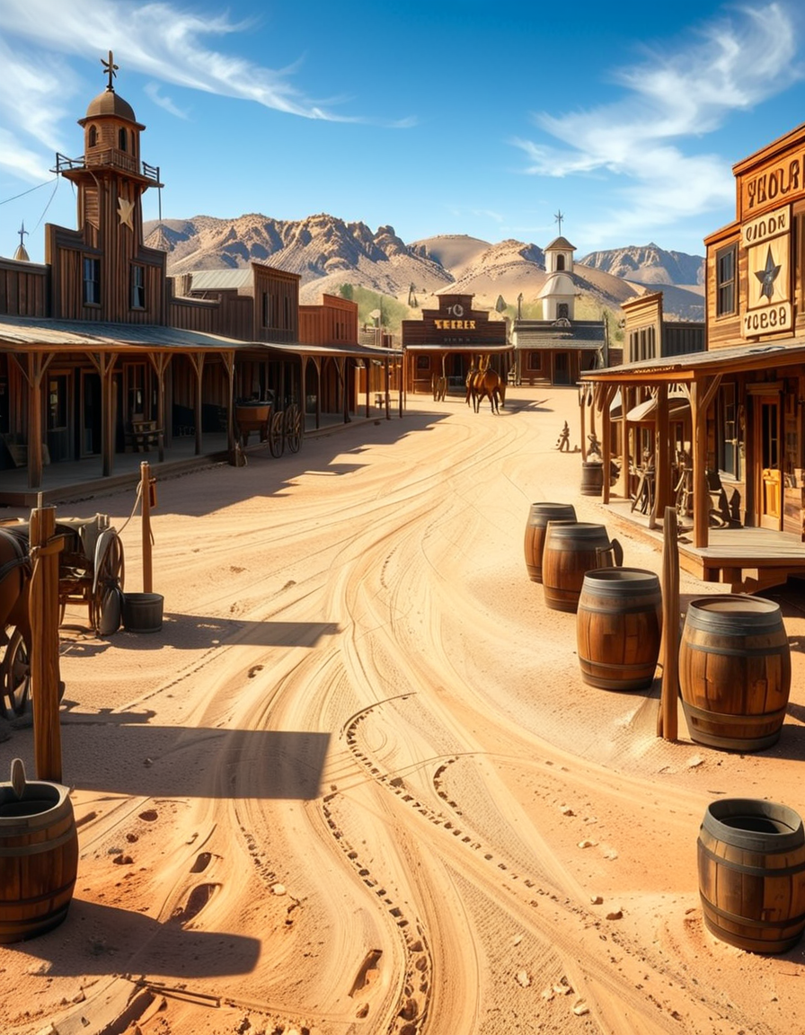 A classic Wild West town in the late 1800s, surrounded by arid desert and towering rock formations. The dusty main street is lined with wooden buildings, including a saloon with swinging doors, a sheriffâs office with a star emblem, a general store with a wooden sign, and a blacksmithâs shop with tools hanging outside. Old-fashioned wooden wagons are parked along the street, and a few horses are tied to hitching posts. The atmosphere is lively, with cowboys wearing wide-brimmed hats, boots, and leather dusters walking around, some talking near the saloon while others ride horses. The sky is bright blue with a few wispy clouds, and the sunlight casts long shadows on the ground. In the background, a water tower stands tall, and a windmill slowly turns in the breeze. The scene is full of rustic details, evoking the adventurous spirit of the American frontier.<lora:SDXLFaeTastic2400:0.4> <lora:extremely_detailed:0.4> extremely detailed, <lora:Western_v1ll4g3:1>,Western v1ll4g3, Masterpiece,best quality,hi res,8k,hi res,8k,award winning,(sharp focus, intricate, highly detailed),