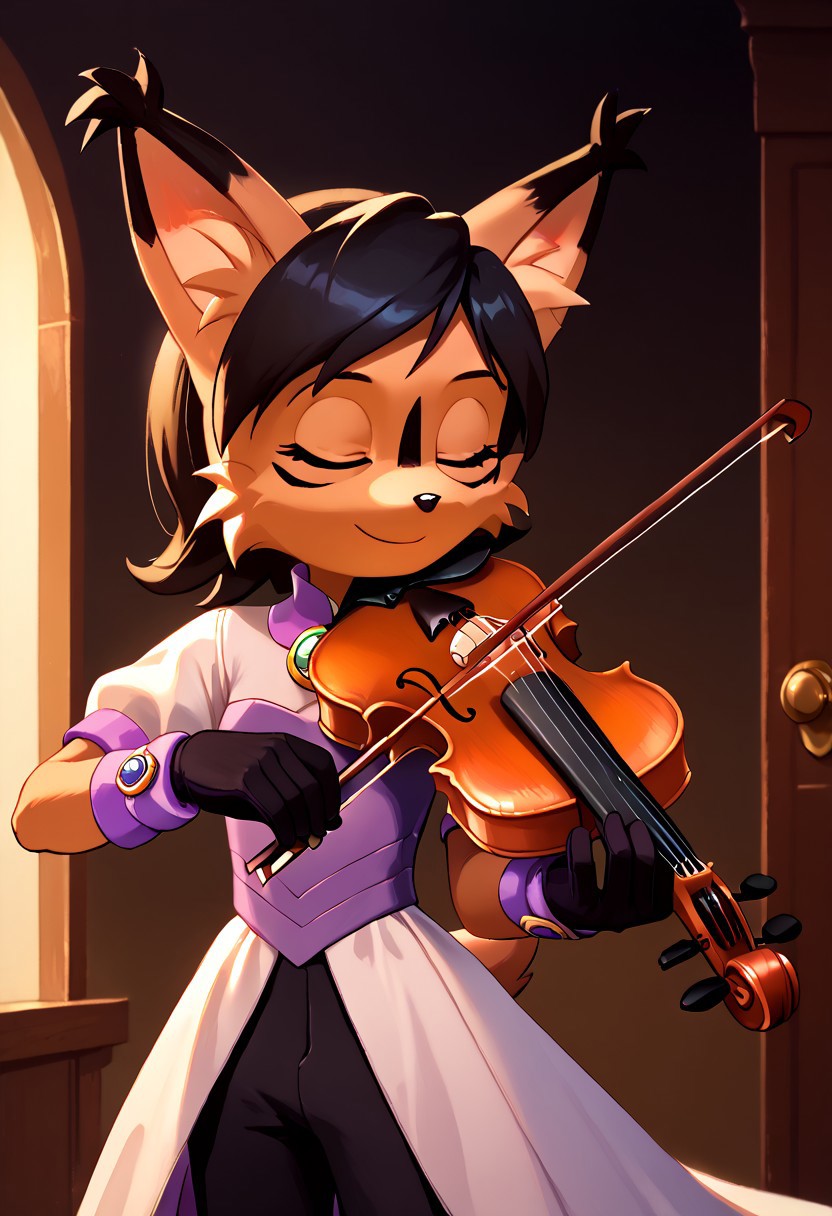 score_9, score_8_up, score_7_up, masterpiece, best quality, good quality, highly detailed, absurdres, smooth, detailed concert hall background, oudoor open air concert hall, spotlight, 1 girl, solo, nicole the lynx, flora-twokinds, anthro, long dress, (playing-violin, violin, holding, bow \(music\), playing violin),  short sleeve dress, closed eyes, brown body fur, black short hair, green eyes, black facial mark, brooch, strapless split dress, purple cuffs, black and white gloves, black pants, black and white boots, smiling, swaying flowing pose,