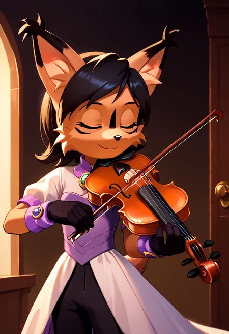 score_9, score_8_up, score_7_up, masterpiece, best quality, good quality, highly detailed, absurdres, smooth, detailed concert hall background, oudoor open air concert hall, spotlight, 1 girl, solo, nicole the lynx, flora-twokinds, anthro, long dress, (playing-violin, violin, holding, bow \(music\), playing violin), short sleeve dress, closed eyes, brown body fur, black short hair, green eyes, black facial mark, brooch, strapless split dress, purple cuffs, black and white gloves, black pants, black and white boots, smiling, swaying flowing pose,
