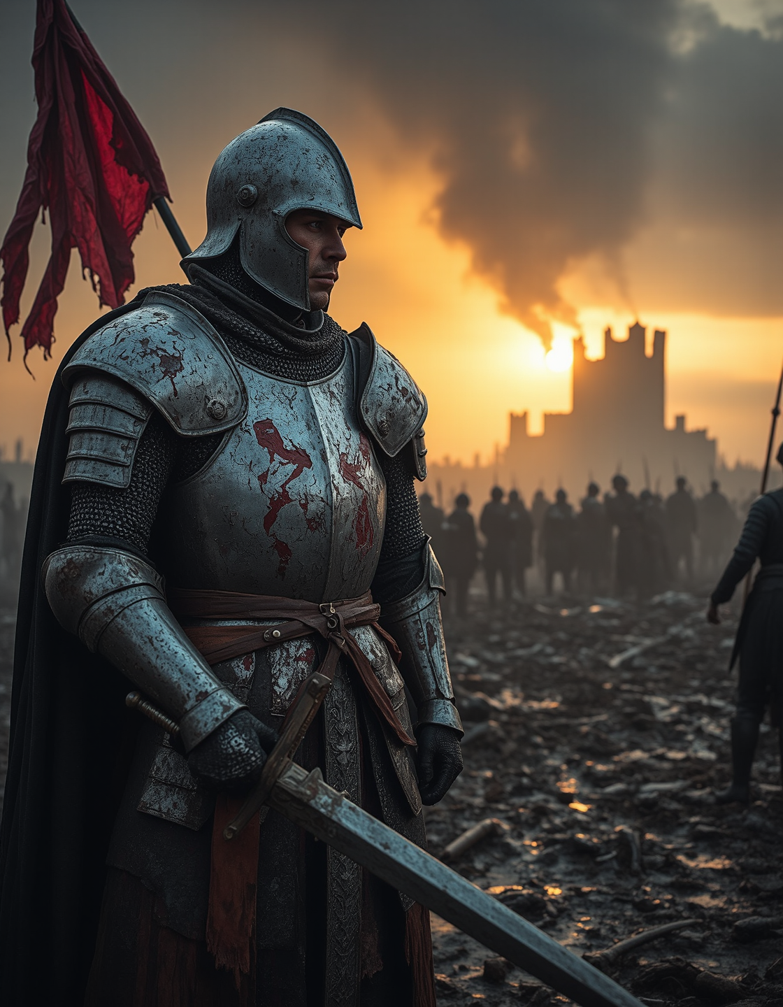 Imagine an image of a battle-worn knight, his ornate steel armor covered in deep gashes and dried blood, dented from countless battles, standing in a mud-soaked medieval battlefield at the break of dawn. His right hand grips a massive longsword, the hilt wrapped in fraying leather, while his left arm clutches a broken shield emblazoned with a faded heraldic emblem. His face, partially shadowed by his helmet’s raised visor, reveals a solemn expression with a scar running down his left cheek and weary, piercing blue eyes staring at the horizon. The ground is littered with shattered weapons, fallen banners, and the bodies of soldiers, while a cold wind stirs the tattered remains of a crimson war flag caught on a jagged spear. Thick clouds of morning fog cling to the ground, illuminated by the soft golden light of a rising sun cutting through the mist. The far-off silhouette of a smoldering castle stands against the gray sky, smoke curling from its ruined towers. The image is hyper-realistic with heavy chiaroscuro lighting emphasizing the contrast between the golden dawn and the battlefield’s murky depths.