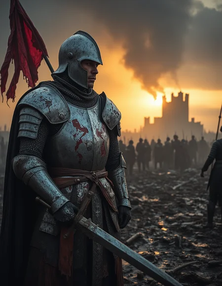 Imagine an image of a battle-worn knight, his ornate steel armor covered in deep gashes and dried blood, dented from countless battles, standing in a mud-soaked medieval battlefield at the break of dawn. His right hand grips a massive longsword, the hilt wrapped in fraying leather, while his left arm clutches a broken shield emblazoned with a faded heraldic emblem. His face, partially shadowed by his helmet’s raised visor, reveals a solemn expression with a scar running down his left cheek and weary, piercing blue eyes staring at the horizon. The ground is littered with shattered weapons, fallen banners, and the bodies of soldiers, while a cold wind stirs the tattered remains of a crimson war flag caught on a jagged spear. Thick clouds of morning fog cling to the ground, illuminated by the soft golden light of a rising sun cutting through the mist. The far-off silhouette of a smoldering castle stands against the gray sky, smoke curling from its ruined towers. The image is hyper-realistic with heavy chiaroscuro lighting emphasizing the contrast between the golden dawn and the battlefield’s murky depths.
