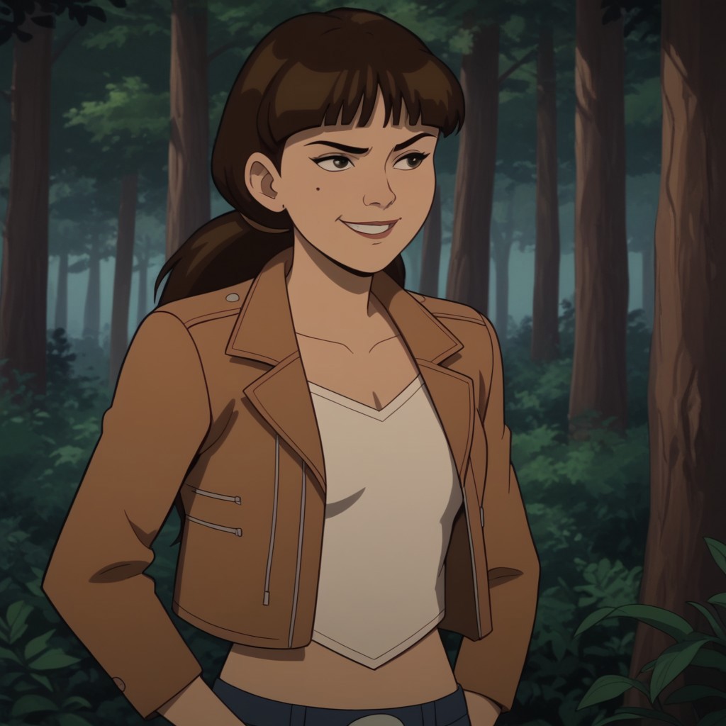 score_8, score_9, break, solo, sirena_ong, brown hair, ponytail, mole, jacket, midriff, smirk, forest, natural lighting