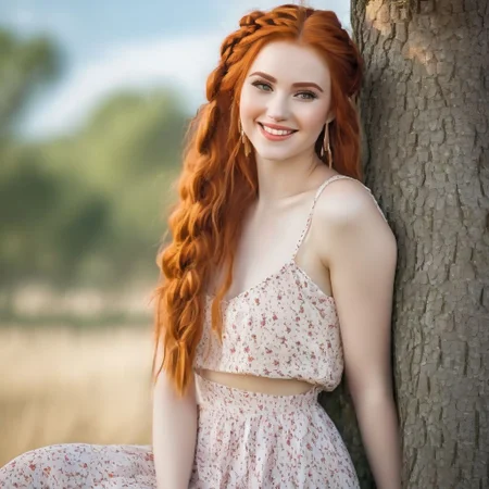 gorgeous pale american cute girl, smiling, (crop top), red hair loose braided hair, short polca skirt, lean against a tree, field, flowers smiling, perfectly symmetrical face, detailed skin, elegant, alluring, attractive, amazing photograph, masterpiece, best quality, 8K, high quality, photorealistic, realism, art photography, Nikon D850, 16k, sharp focus, masterpiece, breathtaking, atmospheric perspective, diffusion, pore correlation, skin imperfections, DSLR, 80mm Sigma f2, depth of field