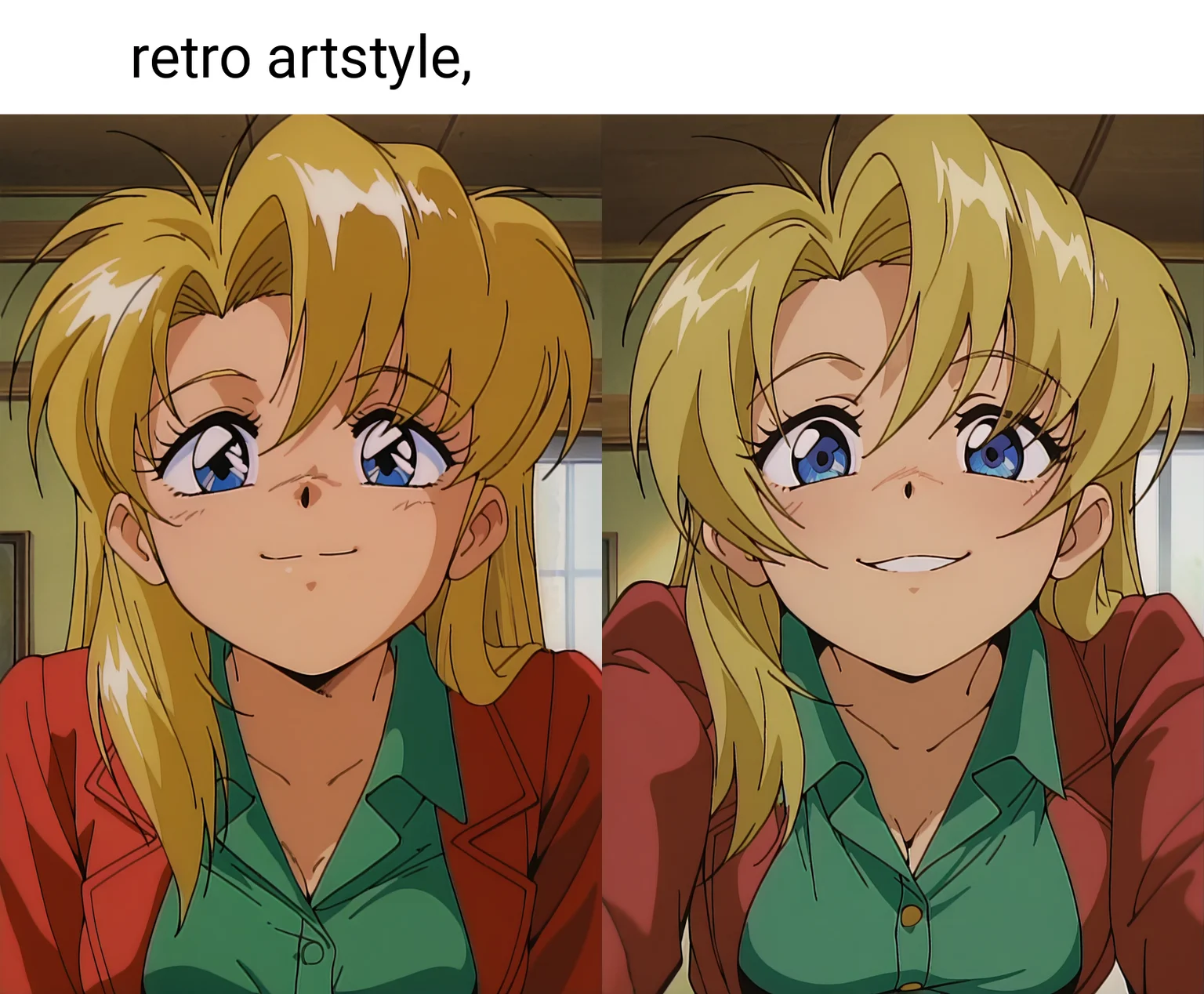 masterpiece, best quality, amazing quality, absurdres, 1girl, solo, (portrait:1.2), retro artstyle, mayakaww, blue eyes, blonde hair, long hair, medium breasts, red jacket, green collared shirt, looking at viewer, smile, indoors, day, skindentation, detailed clothing folds, depth of field, sharp, high contrast, dynamic light <lora:Mayaka_Nageki_no_Kenkou_Yuuryouji_ill_v11:0.9>