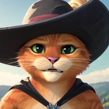 <lora:DreamWorks_Furry_Mix:0.7>, score_9, score_8_up, score_7_up, score_6_up, BREAK
source_furry, PussInBoots, 1boy, hat, black cloak, close up on face, (front view:1.2), looking at viewer, perfect face