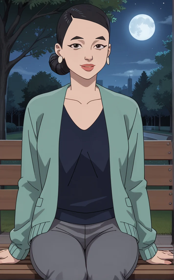 score_9, score_8_up, score_7_up, absurdres,a female sitting on a bench in the park at night, looking at viewer, smiling, sitting, on bench, breast grab, outside, park, trees, moon, starry night, <lora:PONYXL_Invincible_DebbieGrayson_ownwaifu:1>, BREAK GreenSuit_DebbieGrayson_ownwaifu, 1girl, asian, black eyes, black hair, black shirt, green suit, lips, mature female, nose, thick eyebrows, jewelry, earrings, single hair bun, short hair, lipstick, collarbone, grey pants, green cardigan, long sleeves, makeup, formal, red lips, v-neck, hair bun, open clothes, <lora:add-detail-xl:0.15>,