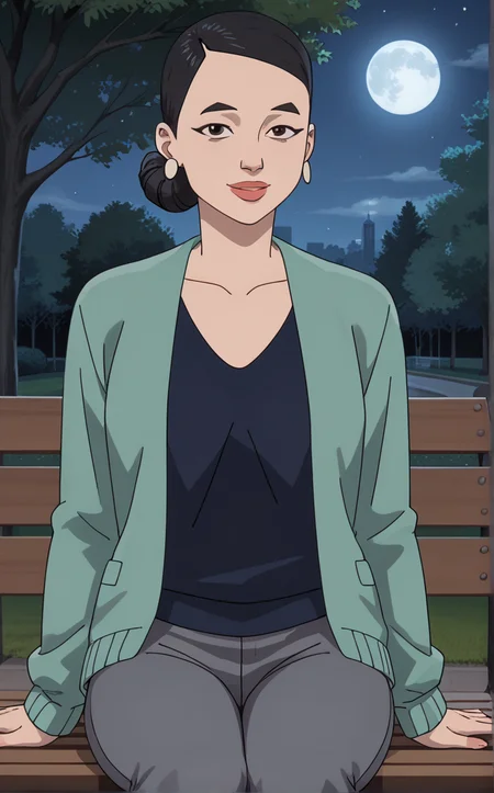 score_9, score_8_up, score_7_up, absurdres,a female sitting on a bench in the park at night, looking at viewer, smiling, sitting, on bench, breast grab, outside, park, trees, moon, starry night, <lora:PONYXL_Invincible_DebbieGrayson_ownwaifu:1>, BREAK GreenSuit_DebbieGrayson_ownwaifu, 1girl, asian, black eyes, black hair, black shirt, green suit, lips, mature female, nose, thick eyebrows, jewelry, earrings, single hair bun, short hair, lipstick, collarbone, grey pants, green cardigan, long sleeves, makeup, formal, red lips, v-neck, hair bun, open clothes,  <lora:add-detail-xl:0.15>,