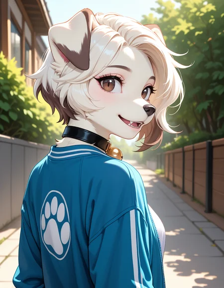 masterpiece, best quality, very aesthetic, absurdres,
outdoors, 
t-shirt, open jacket, 
upper body, headshot, from from behind, looking back,fangs, 
happy, parted lips, long eyelashes,
 <lora:Infi_v01_NAIXL:1>,
1nf1,1girl,solo,furry,furry female,dog girl,dog ears,short hair,white hair,brown eyes,snout,animal nose,collar,neck bell,body fur,white fur,