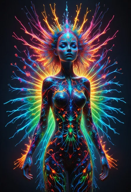 a fire entity whit multicolored flames, professional photography of an fantastical warrior fairy princess entirely made of cyberflies with whimsical elements, swirling magic, eerie fairytale landscape, elaborate fantasy style art, very colorful, intricate details, ultra sharp, exquisite detail, flawless composition, vivid colors, masterpiece, exciting background, TAS, TASvisuals, Psychedelic , Rave, Elaborate , Blacklight , Vibrant , cyberflies, black light paint, blp, Colorful Chaos Cracks and Drops, mad-glowtiedye, made out of,colorful,liquid,Murano Art Glass