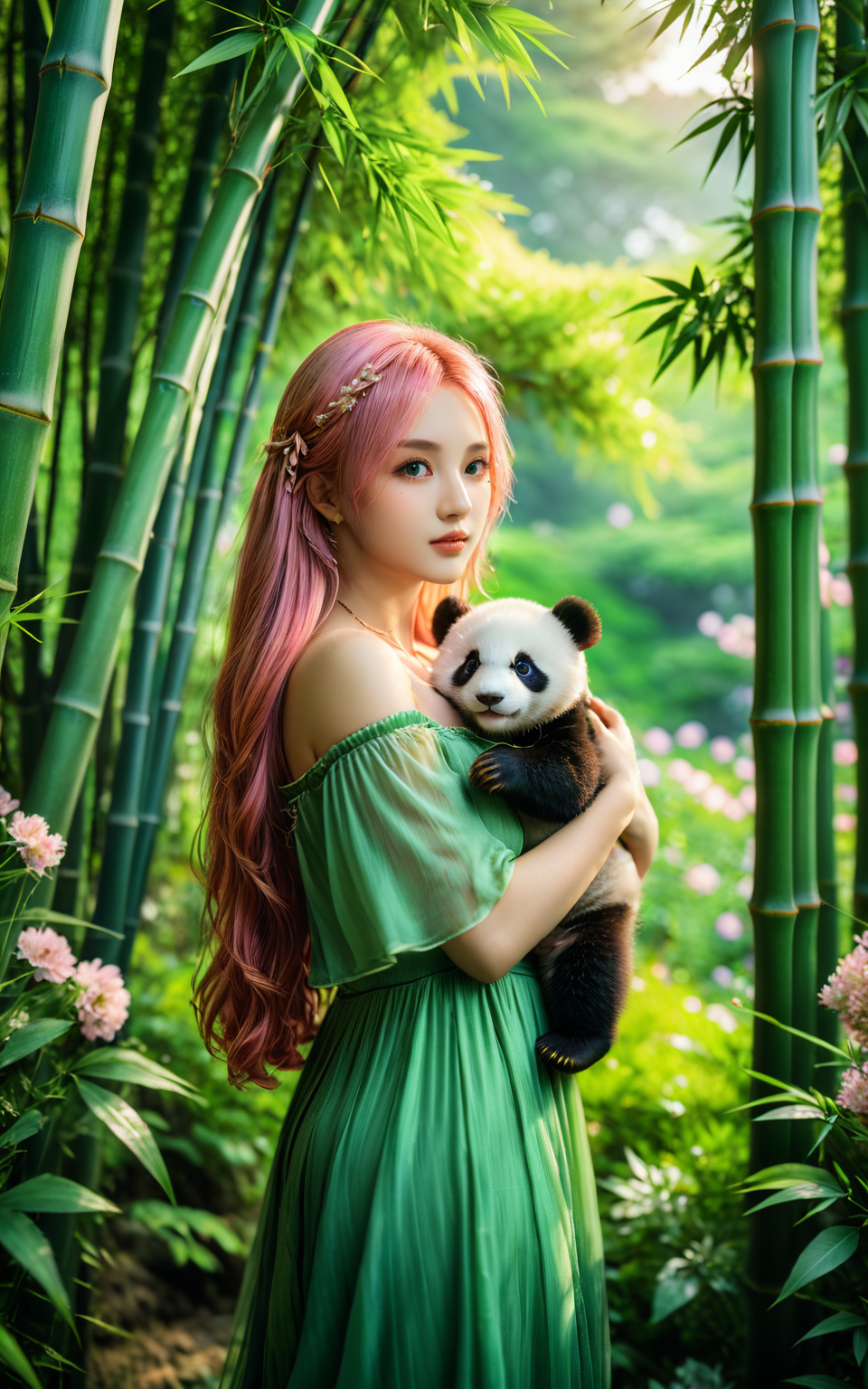 <lora:yuukananri-base-02-XL:0.7>,upper_body,yuukananri,1girl with long pink hair,green eyes,wearing an elegant green long dress,holding her baby panda in her arms,standing in a lush bamboo forest surrounded by vibrant flowers and greenery,realistic photography style,cinematic photo peering through the trees with depth of field blurring effect,natural light,35mm photograph,film,professional,4k,highly detailed,Golden hour lighting,Depth of field F2,Rule of Thirds Composition,best quality,ultra-detailed,masterpiece,Cinematic Lighting,<lora:detailed_notrigger:1>,<lora:xl_more_art-full_v1:0.7>,