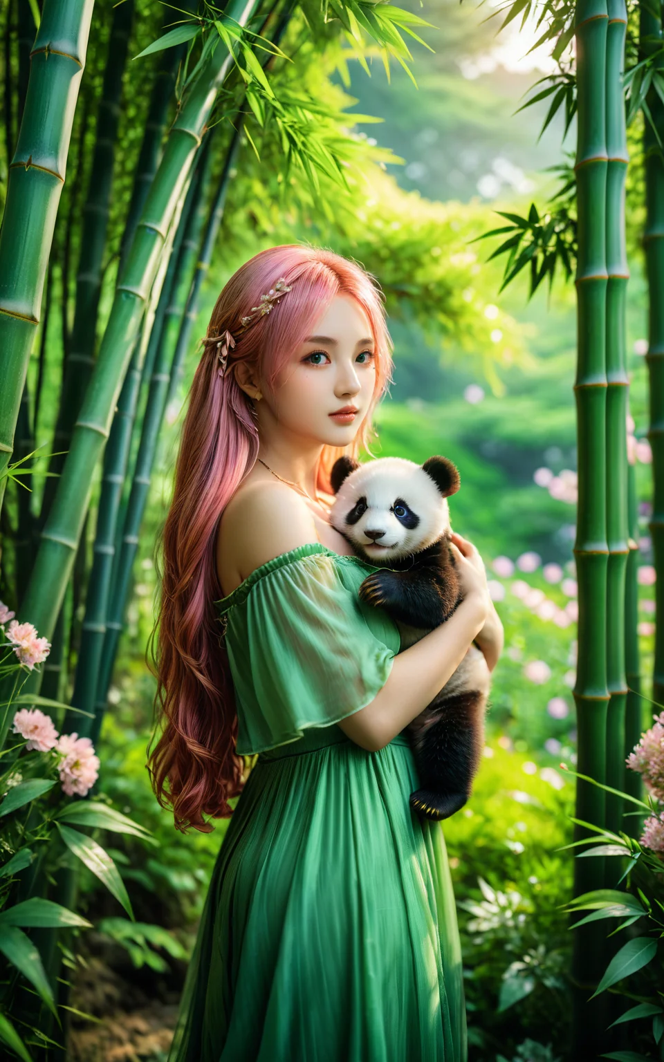 <lora:yuukananri-base-02-XL:0.7>,upper_body,yuukananri,1girl with long pink hair,green eyes,wearing an elegant green long dress,holding her baby panda in her arms,standing in a lush bamboo forest surrounded by vibrant flowers and greenery,realistic photography style,cinematic photo peering through the trees with depth of field blurring effect,natural light,35mm photograph,film,professional,4k,highly detailed,Golden hour lighting,Depth of field F2,Rule of Thirds Composition,best quality,ultra-detailed,masterpiece,Cinematic Lighting,<lora:detailed_notrigger:1>,<lora:xl_more_art-full_v1:0.7>,