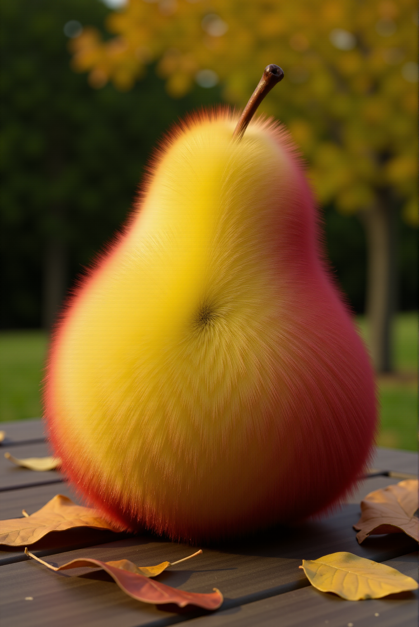 <lora:Fluffy_fur_2:0.9> FluffyFur. A perfectly ripe pear, its smooth, curving form covered in airy, long-haired, fluffy fur, the fine strands mirroring the natural gradient of its skin, transitioning from warm red and golden yellow to soft green, with subtle hints of russet near its gentle dimples. The fluffy fur is  long and dense, following the elegant taper of the fruit, giving it a surreal yet inviting texture. Tiny, delicate hairs catch the light, creating a soft sheen that mimics the natural velvety glow of a pear's surface. The fruit rests on a rustic wooden table, surrounded by scattered leaves, with a gentle autumn breeze hinted in the blurred background, adding a sense of warmth and organic harmony to this strange yet oddly natural creation.