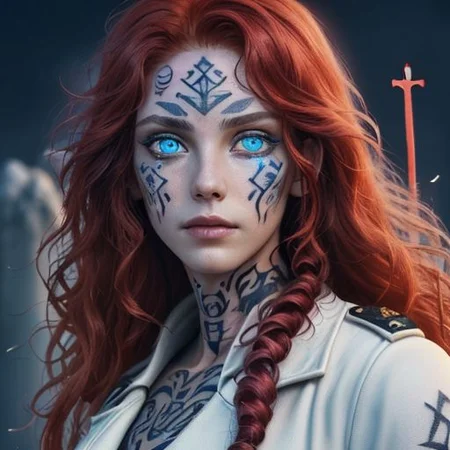 bright red hair, human female, (feminine:1.7), (beautiful face, detailed face:1.6), (beautiful eyes, detailed eyes:1.7), (looking at viewer, eye contact, intense:1.6), (long hair, red hair, curly hair:1.3), , ((masterpiece, best quality, high resolution, realistic, best quality,)), photo realistic, Perfect Face, (detailed face). <lora:GoodHands-vanilla:0.6> <lora:add-detail-xl:0.8>, mage, (Dress White military uniform coat), dagger, rune dagger, glowing runes, , (((glowing magic symbols tattoos, religious tattoos))), ((face tattoos)), glowing tattoos, stone tower in the background