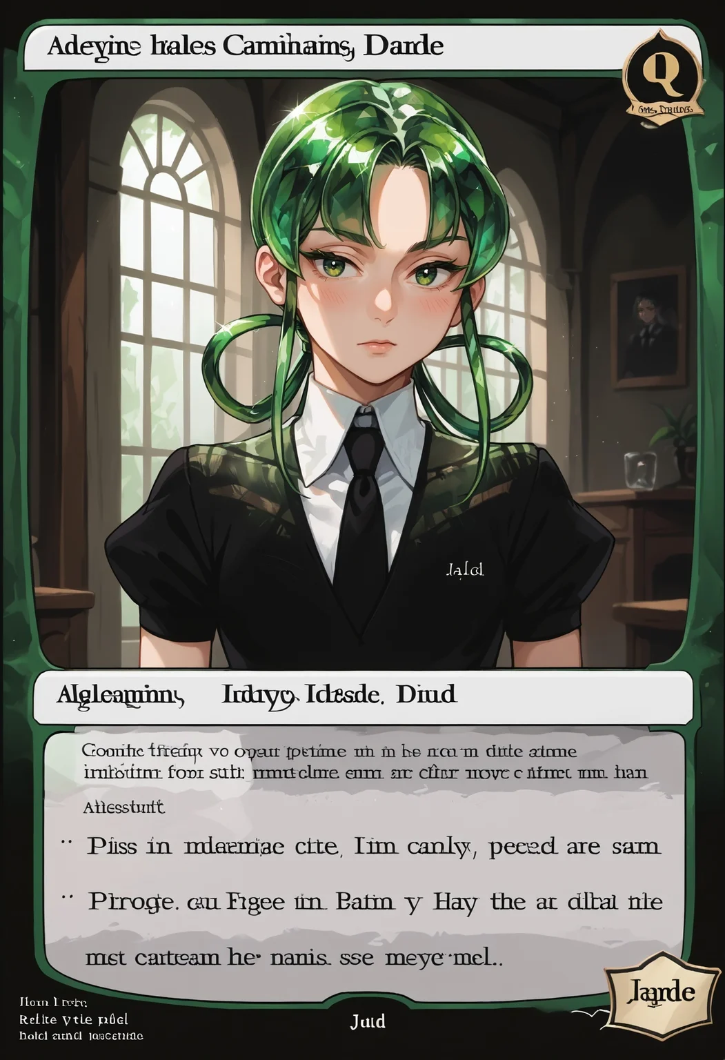 c4rd,english text,character name,
standing, upper body, portrait, indoors, dark,
hskjd, green eyes, white skin, crystal hair, colored eyelashes, long hair, hair rings, black shirt, puffy short sleeves, collared shirt, black necktie, black shorts, white belt, grey kneehighs, black footwear
,score_9,score_8_up,score_7_up, source_anime,
<lora:MTG_card_v2:1> <lora:Hoseki_HousekiNoKuni_Jade_PDXL_v1:1>