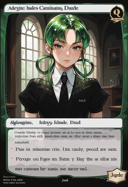 c4rd,english text,character name,
standing, upper body, portrait, indoors, dark,
hskjd, green eyes, white skin, crystal hair, colored eyelashes, long hair, hair rings, black shirt, puffy short sleeves, collared shirt, black necktie, black shorts, white belt, grey kneehighs, black footwear
,score_9,score_8_up,score_7_up, source_anime,
<lora:MTG_card_v2:1> <lora:Hoseki_HousekiNoKuni_Jade_PDXL_v1:1>