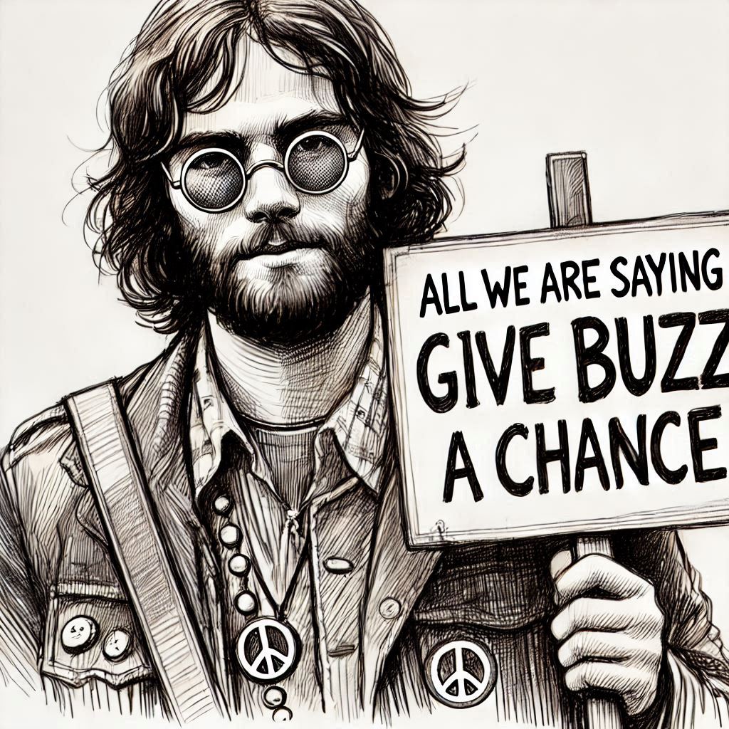 Sketch of 1960's male musician hippie with long hair and round eyeglasses looking at viewer and holding a sign that says "All We Are Saying Is Give Buzz A Chance".