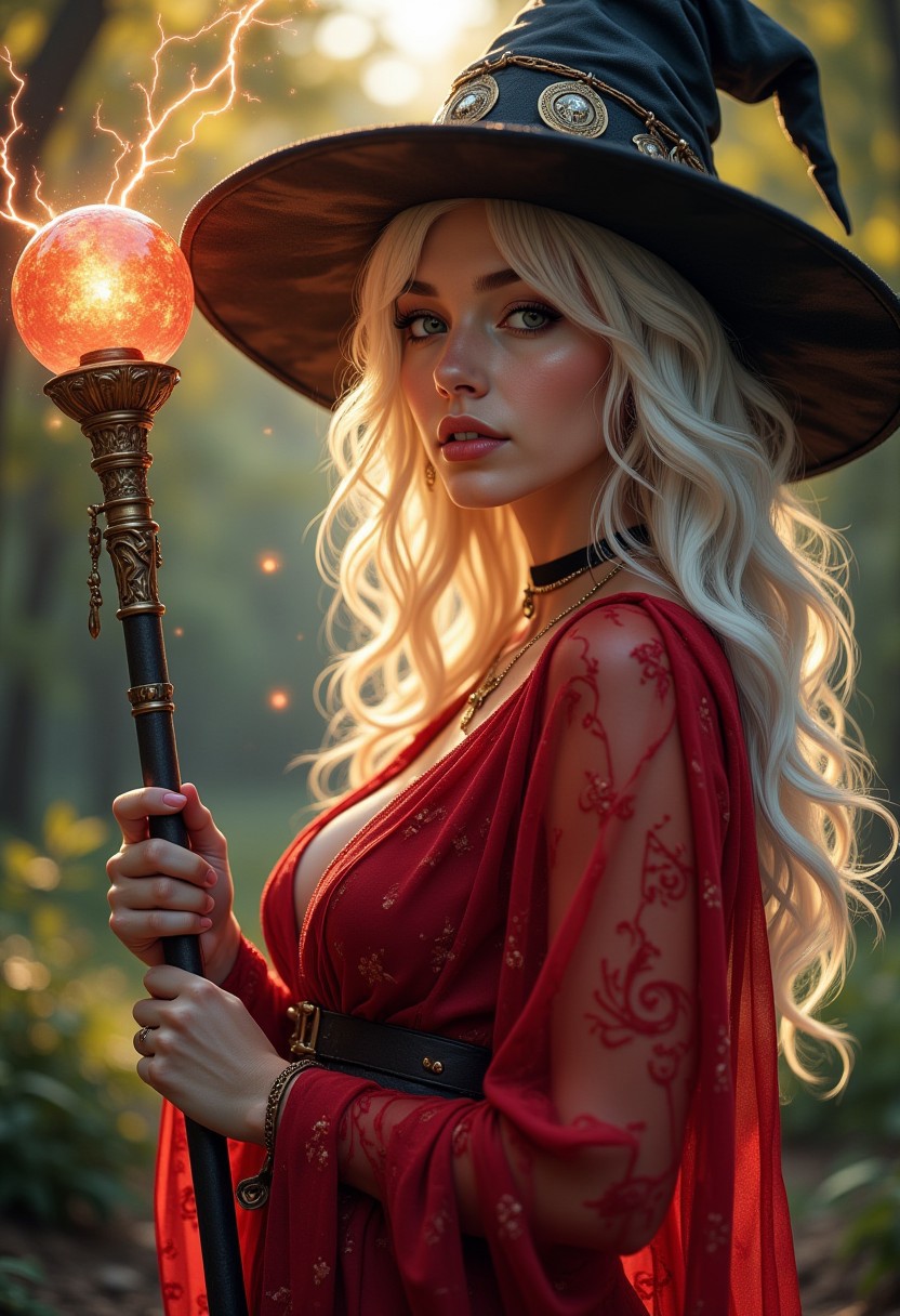 lifelike anime illustration, a sultry, sexy female battle mage holding a magical staff with a glowing orb, pulsing with electrical energy, white hair, bangs, earrings, necklaces, choker, mage hat, wearing gauzy, filmy, see through crimson robes with embroidered runes, cleavage, mage hat, direct sensual gaze, in a forest glade at dawn, god rays, directional lighting, viewed from the side