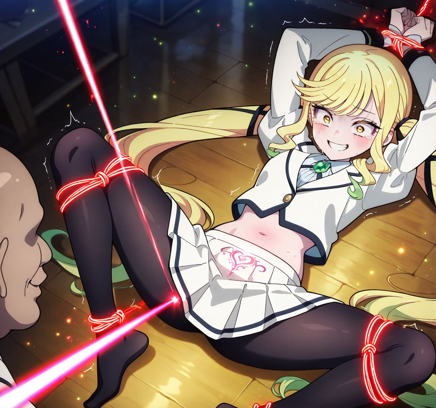 masterpiece, best quality, newest, absurdres, highres, detailed eyes, beautiful, detailed background, perfect eyes, anime coloring, anime screencap,
<lora:add-detail-xl:0.5>
 1girl, solo, solo focus, PubicTattooPrinting, pubic tattoo , ( beam, laser, light particles:1.4), stomach focus, orgasm, trembling legs, trembling, sweat, wet, bound, restrained, bound arms, bound wrists, , bound legs, bound ankles,  scared, tears, on back, spread legs, from above , navel, stomach, 
<lora:Rock_Is_a_Ladys_Modesty:0.8> rock_ladyV1.
1girl,long hair, yellow eyes, 
blonde hair,twintails, white school uniform, 
smile,skirt,long sleeves,
pantyhose,brooch,r_ririsa,
bald,,ugly man, faceless male,