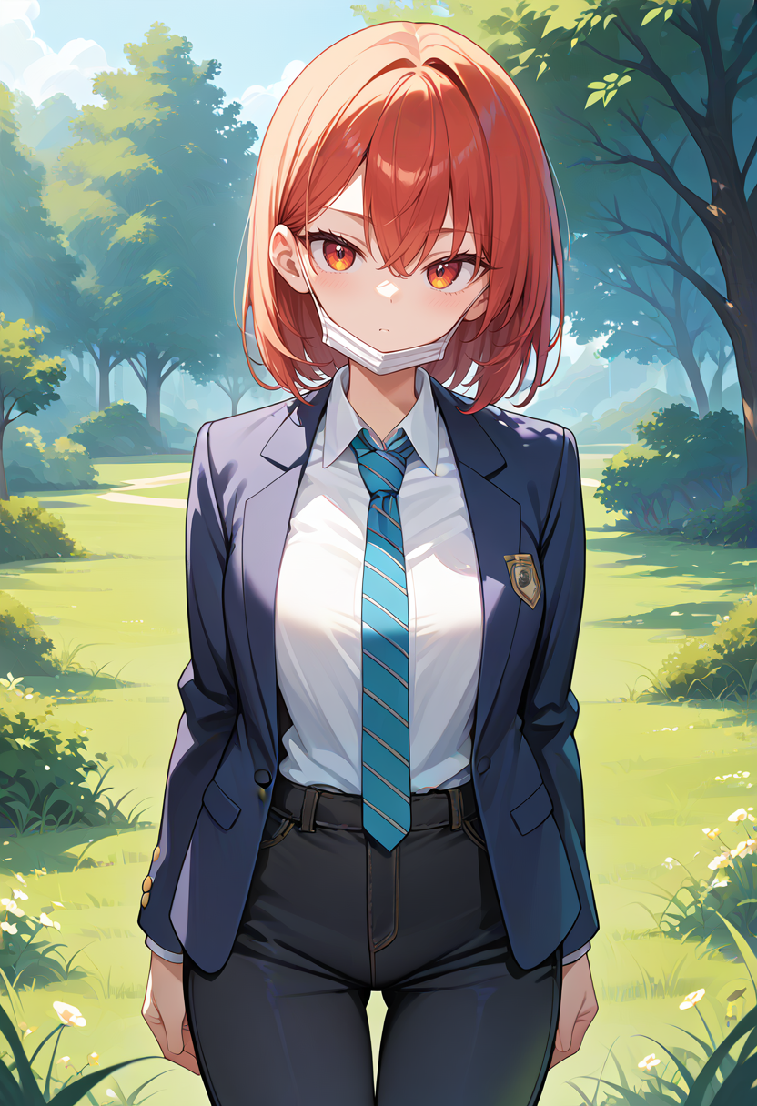 score_9,score_8_up,score_7_up,score_6_up,score_5_up,score_4_up,
1girl, breasts, pants, necktie, collared shirt, blazer, 
cowboy shot, solo, outdoors, grass, looking at viewer, 
mask pull, mouth mask, 
<lora:maskpullponyxl:1>