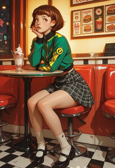 masterpiece, <lora:lerapi_ill:1>, <lora:MoriiMee_Gothic_Niji_Style_Illustrious_r1:1>, lerapi, artist:moriimee , (grunge_anime), masterpiece , curious expression , persona, persona_4, satonaka_chie, 1girl, brown_eyes, brown_hair, green_jacket, houndstooth, jacket,mary_janes, pleated_skirt, school_uniform, shoes, short_hair, skirt, socks, track_jacket, white_socks, yasogami_school_uniform , local_diner, booth_seats, american_food, evening_lighting, retro_decor, checkered_floor, milkshake