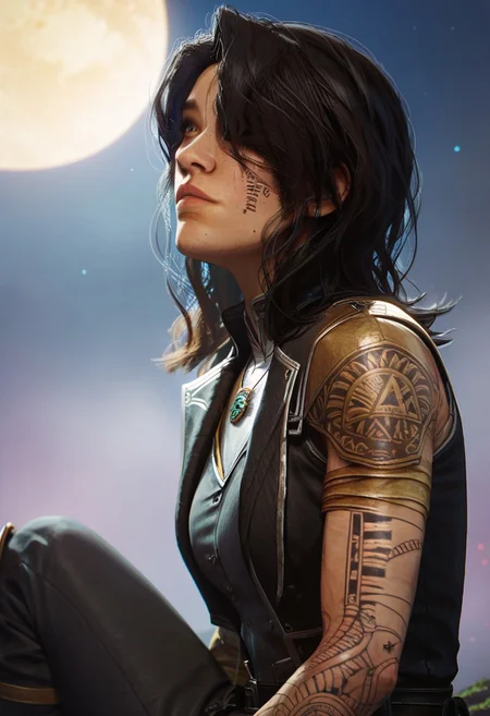 score_9, score_8_up, score_7_up,((masterpiece)), sharp focus, 1girl,solo, (lune, black hair, brown eyes, gold arm tattoo, gold leg tattoo, black facial tattoo, (tattoo writing over left eye:1.1):1.2), (armor, clair obscur expedition 33, pants, single arm glove:1.2), close up, perfect face, hd quality, high quality, detailing face, detailing body, deatiled apartament, night, yellow moon, fog, sitting, knee to chest, looking up, side view