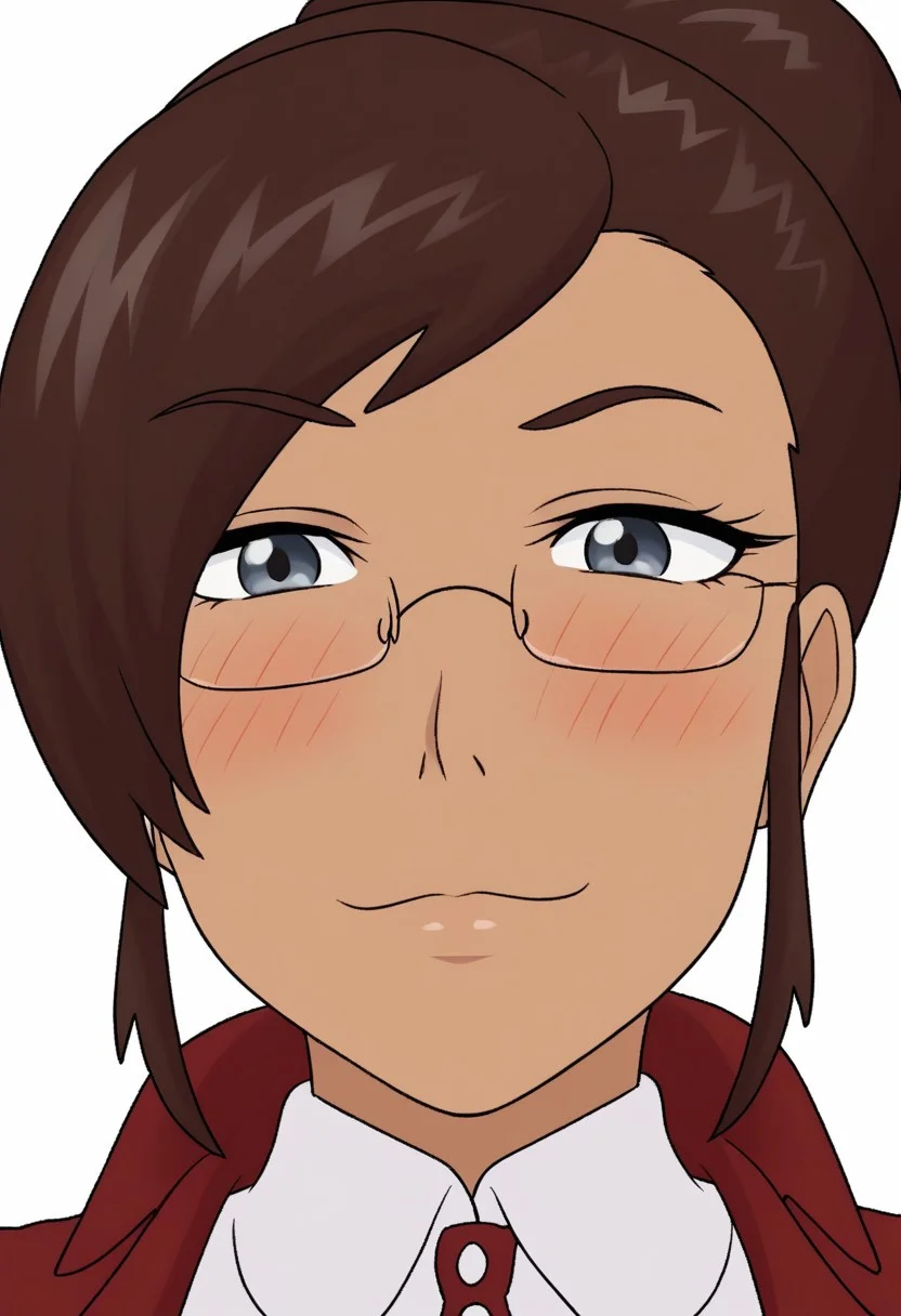 1girl, solo, face close up, masterpiece, best quality, mrsmonroe, brown hair, hair bun, hair up, sidelocks, single hair bun, glasses, dark skin, grey eyes, mature female, blush, white background, looking at viewer, close up, face portrait, simple background, light smile, closed mouth, maroon suit, white collared shirt