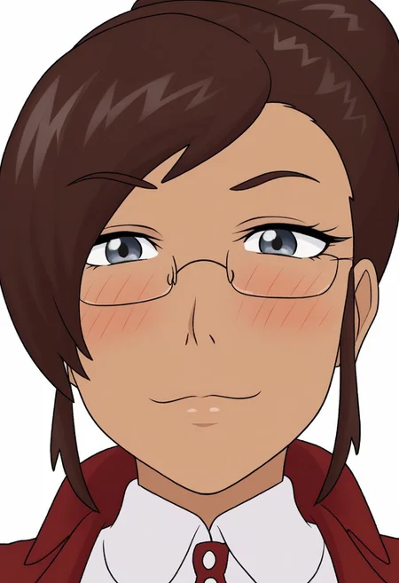 1girl, solo, face close up, masterpiece, best quality, mrsmonroe, brown hair, hair bun, hair up, sidelocks, single hair bun, glasses, dark skin, grey eyes, mature female, blush, white background, looking at viewer, close up, face portrait, simple background, light smile, closed mouth, maroon suit, white collared shirt