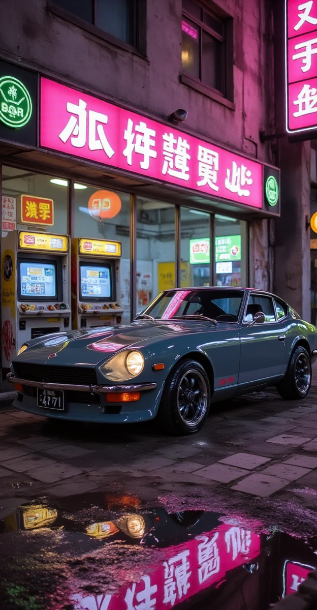 The 1972 Nissan Datsun 240Z sits outside a glowing retro-futuristic arcade, where neon kanji signs bathe the grey metallic body in shifting hues of electric pinks, greens, and purples. The golden headlights pierce through the synthetic haze, reflecting off the checkerboard-tiled sidewalk lined with flickering vending machines. Inside, the faint 8-bit chiptune music plays through the walls, but the arcade is emptyâno players, no voices, just the blinking of forgotten high scores on arcade cabinets. The car looks perfectly preserved, untouched, its chrome bumpers and polished alloy wheels gleaming against a city frozen in an endless neon twilight.
<lora:Liminal-Space-Flux:0.75>  <lora:ral-nssndtsn:1>