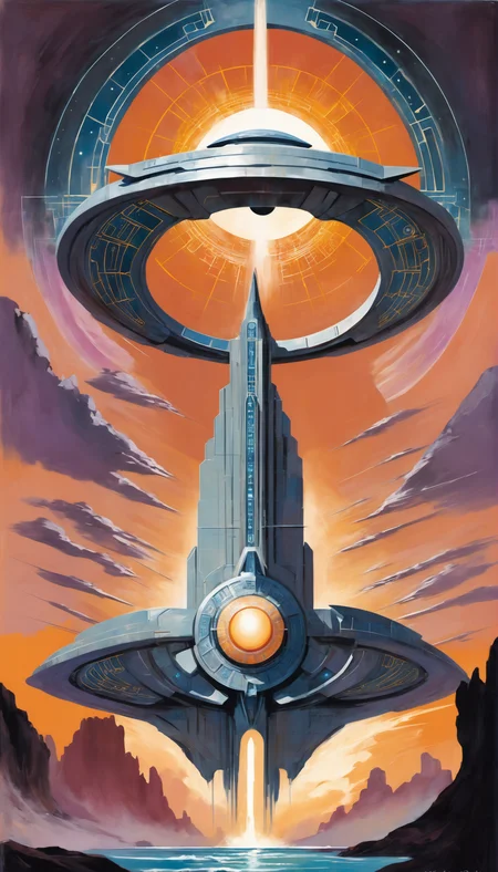1930s pulp sci-fi, highly stylized digital fantasy acrylic painting of a Majestic Stargate , photoshop thick acrylic brushes, gray and sunset color scheme<lora:EnvySpeedPaintXL01v11:1>