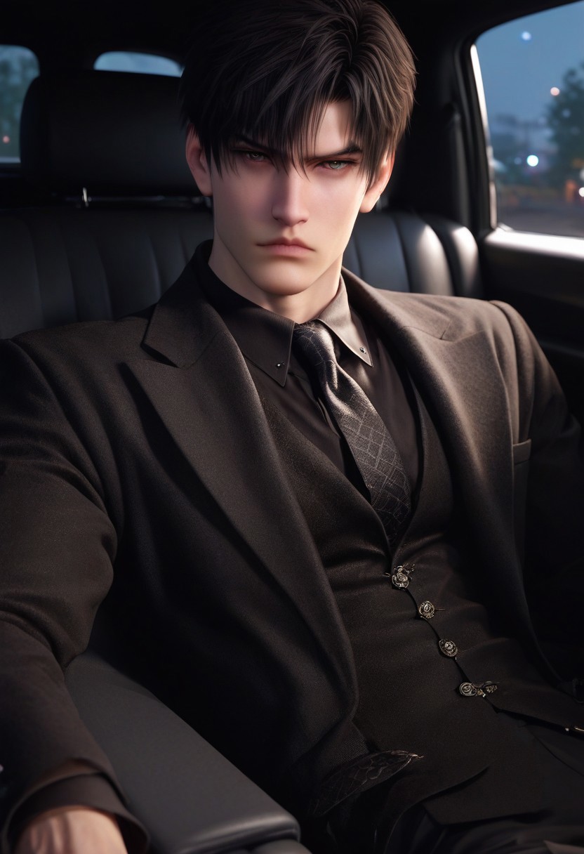 1boy, solo, male focus, toned male, zayne_(love_and_deepspace), black hair, short hair, two sided bangs, pale skin, almond eyes, detailed eyes, satisfaction, satisfied, neutral, detailed face, 
dark theme, night, intense shadow, intimidating, chest close to viewer, dark light, no light, dark out, shadow, 
(black coat over shoulder:1.1), black collar shirt, black vest, black collar shirt button, wearing a tie, black pants, sweaty hair, long sleeves, modest clothing, looking at viewer, from side view,
sitting inside a car, sit inside a car, riding a car, front view, seductive, romantic, in a car, (lounging:1.1), relax
rating PG, score_9,score_8_up,score_7_up, source_anime, male focus, Muscular, big thigh, big thigh, big chest, hung, manly, tall, detailed eyebrow, sharp eyebrows, focus on thigh, hairy thigh, thigh focus, random view