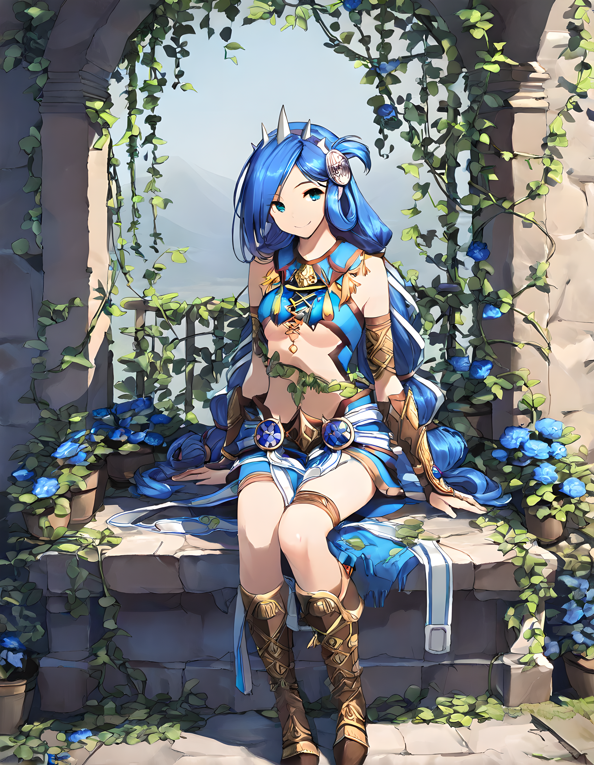 <lora:illustrious_XL_dana:0.9>,dana,masterpiece,best quality,good quality,1girl,solo,smile,bare shoulders,sleeveless,boots,sitting,flower,plant,blue flower,vines,full body,