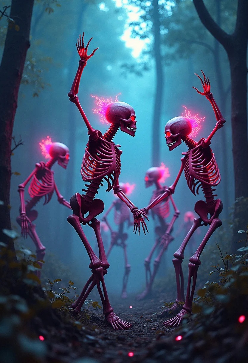 Dancing skeletons in a eerie forest , neon colors,breathtaking borderland fantasycore artwork by Android Jones, Jean Baptiste monge, Alberto Seveso, James Jean, Jeremy Mann, maximalist highly detailed and intricate professional photography, a masterpiece, 8k resolution concept art