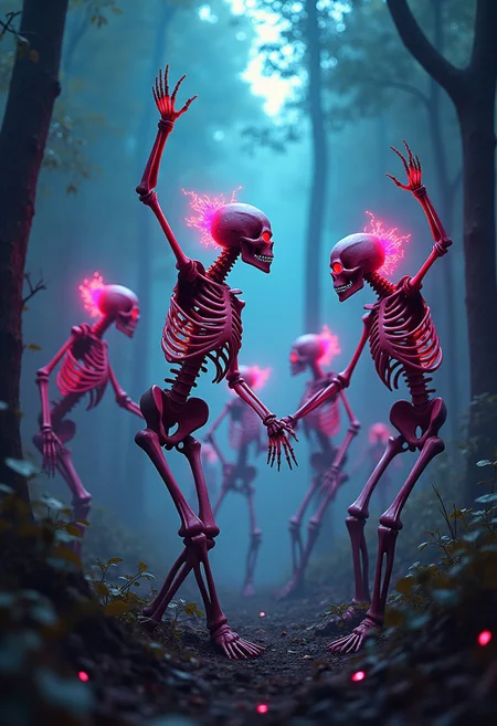 Dancing skeletons in a eerie forest , neon colors,breathtaking borderland fantasycore artwork by Android Jones, Jean Baptiste monge, Alberto Seveso, James Jean, Jeremy Mann, maximalist highly detailed and intricate professional photography, a masterpiece, 8k resolution concept art