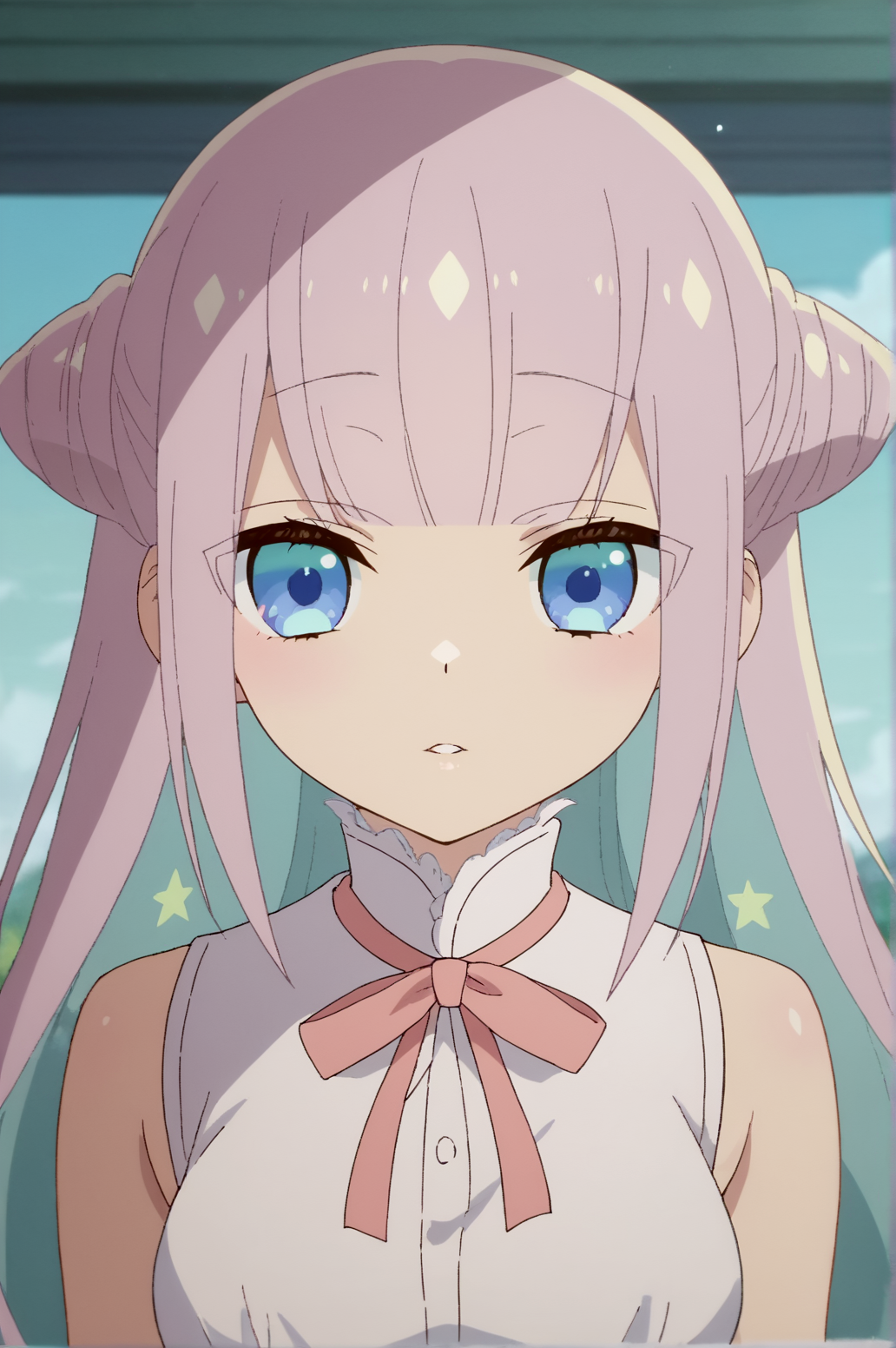 score_8_up, score_7_up, consistent background, perfect composition, TW, clothes tags, upper body, anime screencap,  Byakuya Mimori, hair bun, long hair, looking at viewer, neck ribbon, parted lips, ribbon, sleeveless, light smile, seductive smile, <lora:Byakuya_Mimori:0.8>
