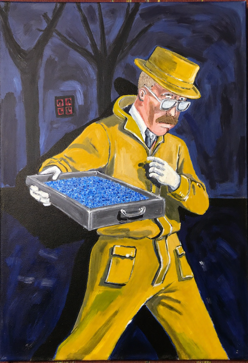 <lora:Thrift_Store_Paintings_FLUX:1>
The image is a vibrant, expressive painting on canvas depicting a scene of Walter White from Breaking Bad in a hazmat suit in and underground laboratory holding a tray full of small blue crystals