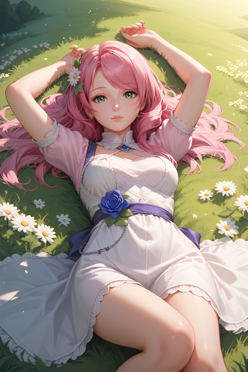 score_9, score_8_up, score_7_up, score_6_up
<lora:TKNAlisa:0.8>
TKNAlisa, 1girl, pink hair, green eyes, looking at viewer, lying in a field of wildflowers, arms stretched out, sun shining through the clouds, soft and warm lighting, peaceful and nature-connected feeling