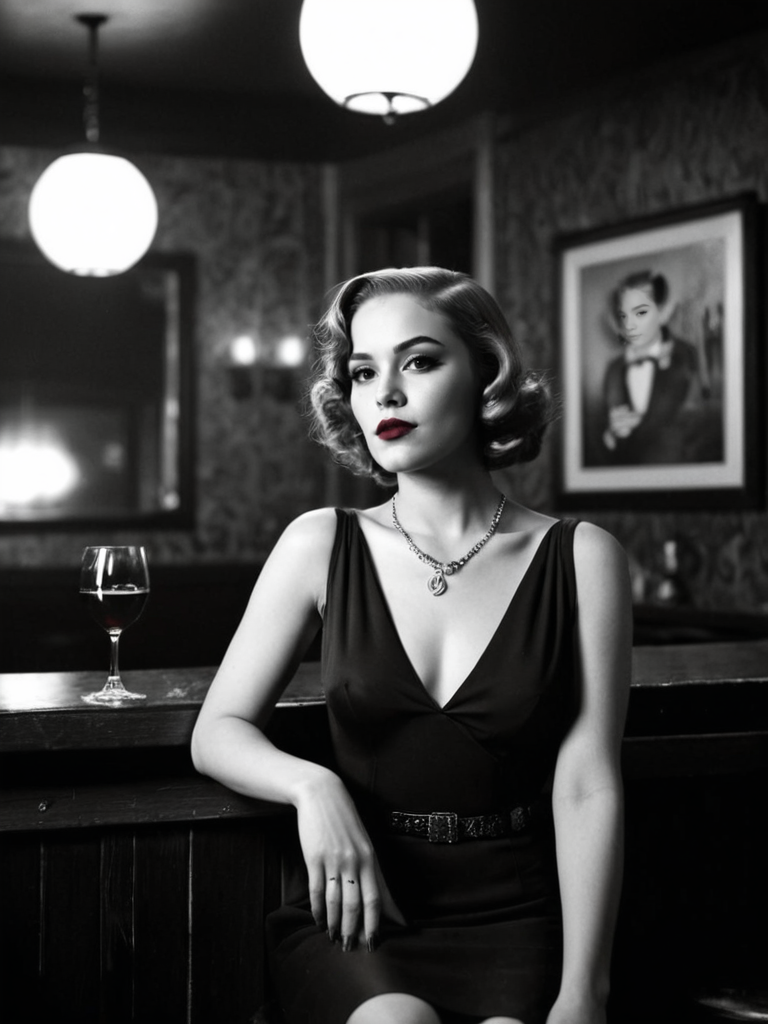 Analog photo of a woman looking like Annie_Crow_P_MXAI_SDXL , red lips, dramatic makeup, sitting on a stool in a bar, 1930s speakeasy, holding a glass of red wine, mad-sincity, noir, B&W, volumetric smoke in the background, glam,