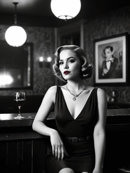 Analog photo of a woman looking like Annie_Crow_P_MXAI_SDXL , red lips, dramatic makeup, sitting on a stool in a bar, 1930s speakeasy, holding a glass of red wine, mad-sincity, noir, B&W, volumetric smoke in the background, glam,