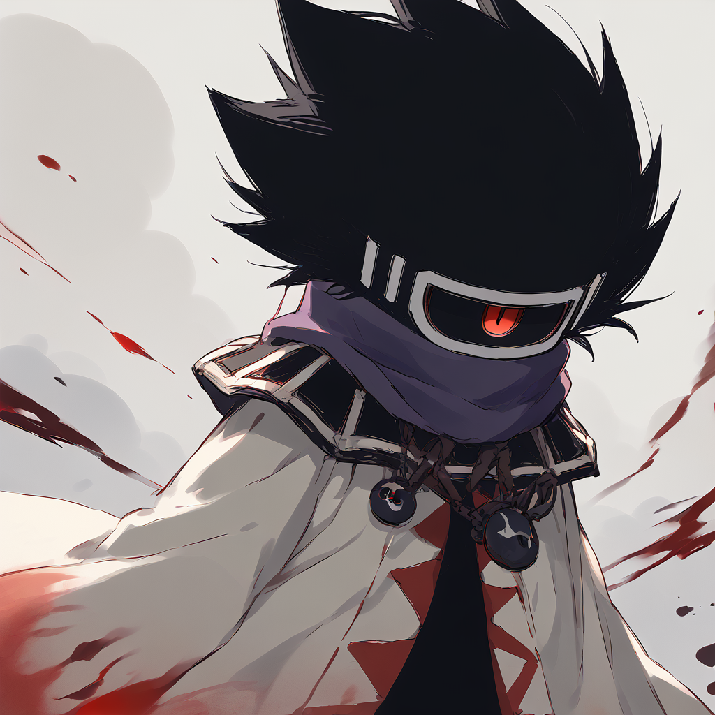 score_9   <lora:Dark_Matter_Swordsman:1> red eyes, black hair, no humans, spiked hair, one-eyed, pauldrons