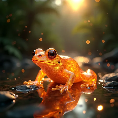 a closeup of a translucent glass frog that is also on fire. RTX graphics, realistic 3d render. high detail, jungle background next to a river full of glitter, bright sun illuminating the scene. award winning digital composition.